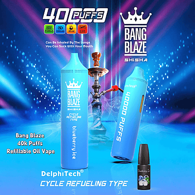 Promotiefoto voor het Bang Blaze Shisha-vapeproduct, met een blauwe vape-pen met het label 'blueberry ice' en '40000 puffs' en een waterpijp op de achtergrond, met de nadruk op oplaadbare en navulbare mogelijkheden.