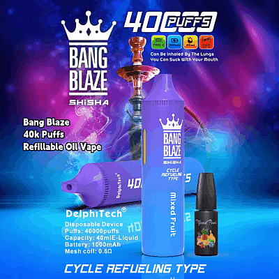 Promotiefoto van Bang Blaze Shisha Vape met een paars apparaat met het label 'Cycle Refueling Type', goed voor 40.000 trekjes, met specificaties zoals een 1000mAh-batterij en 0,6Ω mesh-coil, en een bijbehorende fles met het label 'Mixed Fruit'.