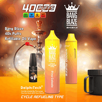 Promotiefoto van Bang Blaze Shisha vape-producten, waaronder twee grote, felgele vape-apparaten met de labels 'Pina Colada' en '40,000 Puffs', met een waterpijp, een klein flesje olie met Pina Colada-smaak en marketingtekst waarin de navulbare olievape en de cyclische bijvulfunctie worden benadrukt.