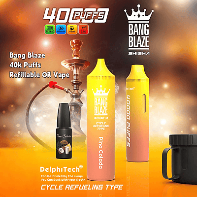 Promotiefoto van Bang Blaze Shisha vape-producten, waaronder twee grote, felgele vape-apparaten met de labels 'Pina Colada' en '40,000 Puffs', met een waterpijp, een klein flesje olie met Pina Colada-smaak en marketingtekst waarin de navulbare olievape en de cyclische bijvulfunctie worden benadrukt.