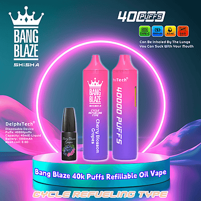 Publicité pour l'huile de vape rechargeable Bang Blaze 40 000 bouffées, avec un design dégradé rose et violet, avec une saveur de raisin de fleur de cerisier et une bouteille de jus de vape, mise en valeur par une lumière circulaire au néon et des spécifications de produit telles que la charge de type C et une batterie de 1000 mAh.