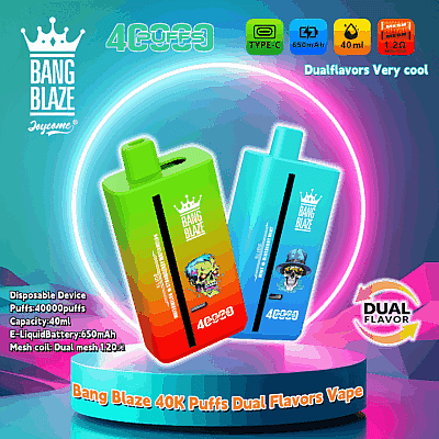 Grafica promozionale che raffigura i dispositivi di svapo usa e getta Bang Blaze in verde e blu, evidenziando caratteristiche come doppi aromi, capacità di 40 ml e batteria da 650 mAh con ricarica Type-C.