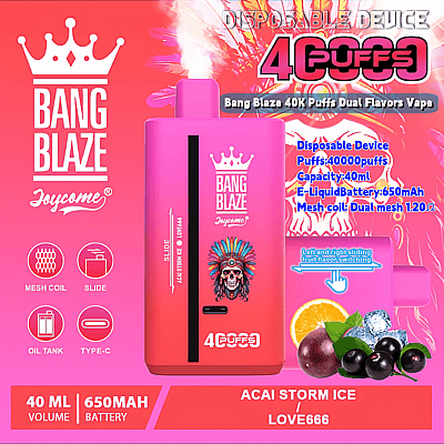 Anuncio colorido del vaporizador desechable Bang Blaze Joycome, que muestra un dispositivo morado y rosa con características como capacidad de 40 ml de líquido electrónico, batería de 650 mAh, 40 000 bocanadas y opciones de doble sabor que resaltan 'Acai Storm Ice' con imágenes de frutas y características iconográficas.