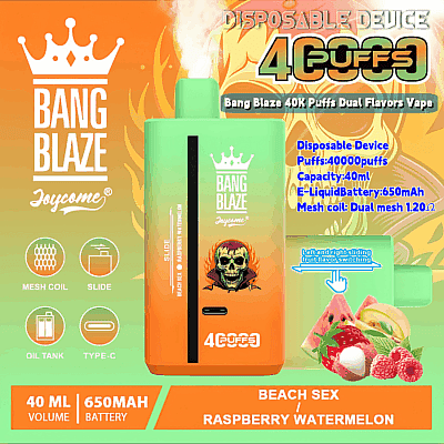 Immagine promozionale del dispositivo di svapo usa e getta Bang Blaze con due gusti alla frutta, Beach Sex e Raspberry Watermelon, con specifiche che includono capacità di 40 ml, batteria da 650 mAh e tecnologia a doppia bobina a rete, su uno sfondo sfumato arancione e verde con motivi di fiamme e illustrazioni di frutta.