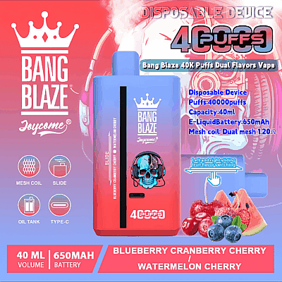 Poster promozionale per la sigaretta elettronica usa e getta Bang Blaze 40000 Puffs, caratterizzata da un design colorato a doppio aroma e specifiche del prodotto, tra cui un serbatoio per e-liquid da 40 ml e una batteria da 650 mAh.