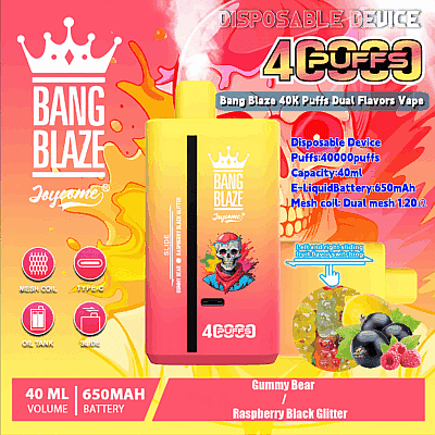 Pubblicità promozionale per il Bang Blaze 40K Puffs Dual Flavors Vape, caratterizzato da un design vivace con un dispositivo giallo e rosso e grafiche illustrate dei gusti, che ne evidenziano le specifiche, quali capacità di 40 ml, batteria da 650 mAh e doppia bobina a rete con resistenza da 1,2 Ω.
