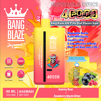 Anuncio promocional del Bang Blaze 40K Puffs Dual Flavors Vape que presenta un diseño vibrante con un dispositivo de color amarillo y rojo y gráficos de sabor ilustrados, destacando sus especificaciones como capacidad de 40 ml, batería de 650 mAh y bobina de malla dual con una resistencia de 1.2 Ω.