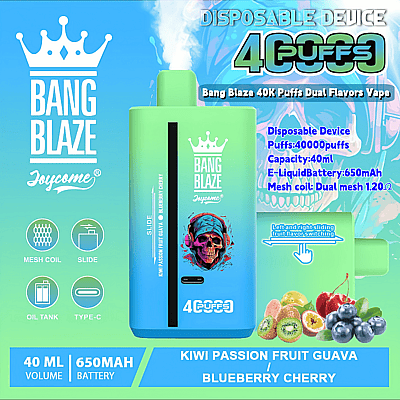 Publicidad del dispositivo de vapeo desechable Bang Blaze de 40.000 bocanadas que presenta sabores duales, especificaciones como una batería de 650 mAh y una capacidad de 40 ml, y muestra opciones de sabor a kiwi, guayaba de maracuyá, arándano y cereza.