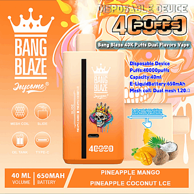 Espositore promozionale per il dispositivo di svapo usa e getta Bang Blaze che evidenzia una capacità di 40.000 tiri, doppi gusti di ananas e mango e ananas e cocco ghiacciato, una batteria da 650 mAh e un serbatoio per e-liquid da 40 ml, con un vivace marchio arancione e dettagli del prodotto.
