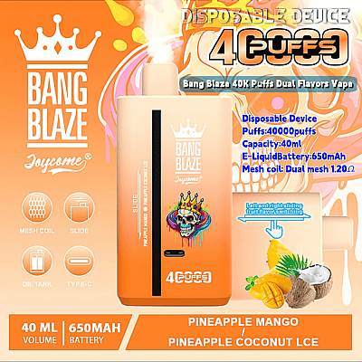 Exhibición promocional del dispositivo de vapeo desechable Bang Blaze que destaca una capacidad de 40,000 bocanadas, sabores duales de piña y mango y piña y coco helado, una batería de 650 mAh y un depósito de e-líquido de 40 ml, con una marca y detalles del producto en color naranja vibrante.