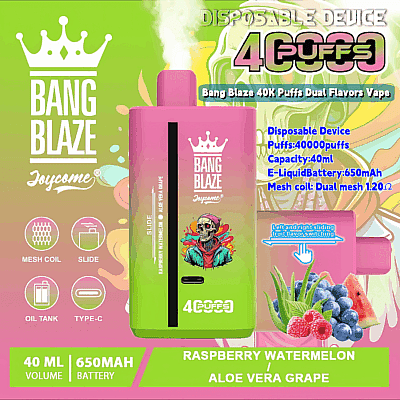 Immagine promozionale per il dispositivo di svapo usa e getta Bang Blaze con doppi aromi, lampone, anguria e aloe vera, con specifiche: volume di 40 ml, 40.000 tiri, batteria da 650 mAh, doppia bobina a rete da 1,20 Ω e interruttore scorrevole per l'aroma, su uno sfondo colorato.