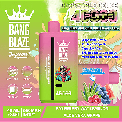 Imagen promocional del dispositivo de vapeo desechable Bang Blaze con sabores duales, frambuesa, sandía y aloe vera, uva, con especificaciones: volumen de 40 ml, 40.000 bocanadas, batería de 650 mAh, bobina de malla dual de 1,20 Ω e interruptor de sabor deslizante, sobre un fondo colorido.