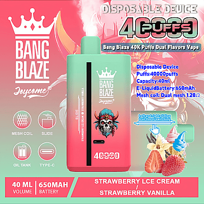 Anuncio colorido del producto vaporizador desechable de Bang Blaze que ofrece 40.000 bocanadas con sabores de helado de fresa y vainilla.