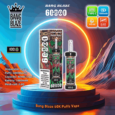 Werbung für Bang Blaze 60K Puffs Vape, die einen Einweg-Vape mit doppeltem Apfelgeschmack, 60.000 Zügen, 40 ml E-Liquid-Kapazität, 1.000 mAh-Akku und einer 0,6 Ω-Netzspule mit einer Warnung zum Nikotingehalt zeigt.