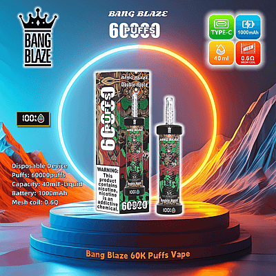 Anúncio do Bang Blaze 60K Puffs Vape apresentando um vape descartável com sabor duplo de maçã, 60.000 tragadas, capacidade de e-líquido de 40 mL, bateria de 1.000 mAh e uma bobina de malha de 0,6 Ω, com um aviso sobre o teor de nicotina.