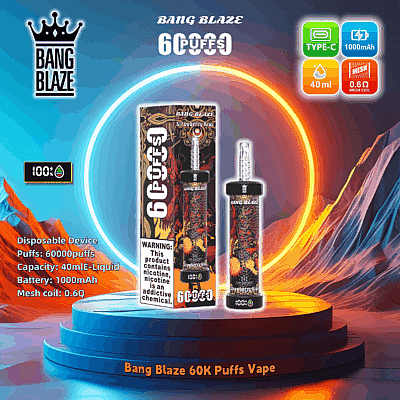 Werbebild für den Einweg-Vaporizer Bang Blaze 60K Puffs, das das Produkt mit einem komplizierten Drachendesign zeigt und wichtige Spezifikationen wie 60.000 Züge, 40 ml E-Liquid-Kapazität, 1.000 mAh-Akku, 0,6 Ω-Netzspule, Typ-C-Ladefunktion und einen Nikotinwarnhinweis vor einem lebendigen kreisförmigen Hintergrund aufweist.