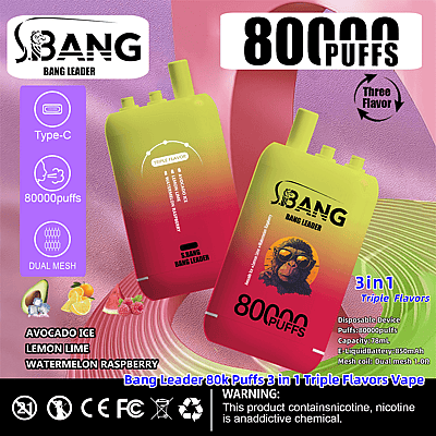 Promotiefoto van het Bang Leader vape-apparaat, met de nadruk op de kenmerken ervan, zoals 80.000 trekjes, drievoudige smaken, Type-C-opladen, dubbele mesh en smaken zoals Avocado Ice, Lemon Lime en Watermelon Raspberry.