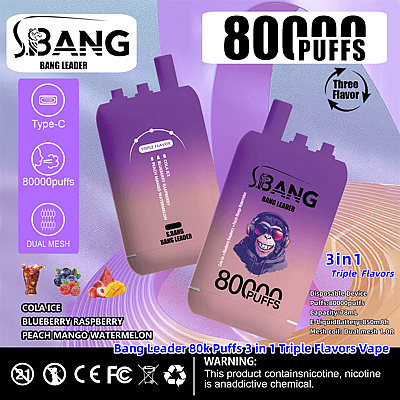 Promotieafbeelding voor 'S.BANG Bang Leader', een wegwerp-vape met 80.000 trekjes, drie smaken (Cola Ice, Blueberry Raspberry, Peach Mango Watermelon), Type-C-opladen, dubbele mesh-spoel, 850 mAh-batterij en een e-liquidcapaciteit van 78 ml.