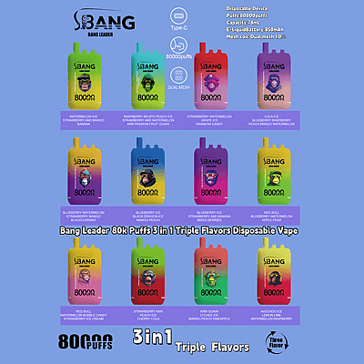 Een promotieafbeelding voor Bang Leader wegwerp-vapes met een scala aan kleurrijke apparaten, elk met unieke smaakcombinaties en specificaties zoals 80.000 trekjes, dubbele mesh-coils en Type-C-oplaadcompatibiliteit.