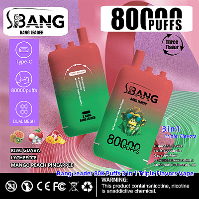 Promotiefoto van het S.Bang Bang Leader wegwerp-vape-apparaat met 80.000 trekjes, keuze uit drie smaken en Type-C-oplaadfunctie, met een levendige verpakking en informatie over de specificaties en nicotinewaarschuwing.
