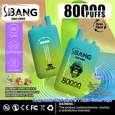 Advertentie voor de S.Bang Bang Leader vape, met 80.000 trekjes, drie smaken en een dual flavor mesh, afgebeeld met levendige groene en blauwe afbeeldingen van het apparaat.