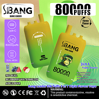 Promotieafbeelding voor de Bang Leader 80000 Puffs 3-in-1 wegwerp-vape met functies zoals Type-C-opladen, dubbele mesh-spoel en drie smaken: Red Bull, Blueberry Watermelon en Apple Pear.
