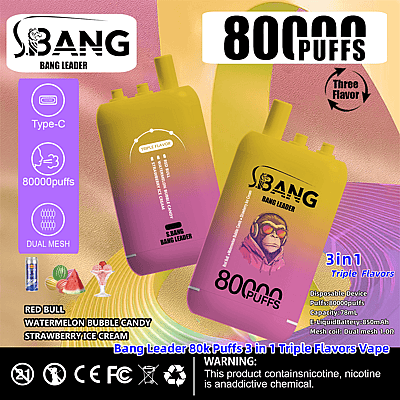 Promotievideo van de Bang Leader 80k Puffs wegwerp-vape met functies zoals drie smaken, opladen via USB-C en een capaciteit van 80.000 trekjes; verkrijgbaar in de smaken Red Bull, Watermelon Bubble Candy en Strawberry Ice Cream.