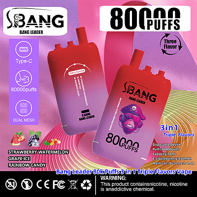 Een promotieadvertentie voor het Bang Leader vape-apparaat, waarin functies zoals 80.000 trekjes, drie smaken (aardbei-watermeloen, druivenijs en regenboog snoep) en oplaadbare USB-C-compatibiliteit worden benadrukt.