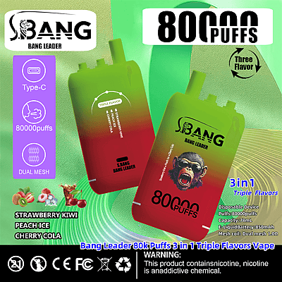 Reclamebanner voor de Bang Leader wegwerp-vape met 80.000 trekjes, drie smaken (Strawberry Kiwi, Peach Ice, Cherry Cola), compatibiliteit met een Type-C-lader, dubbel gaasontwerp en nicotinewaarschuwing.