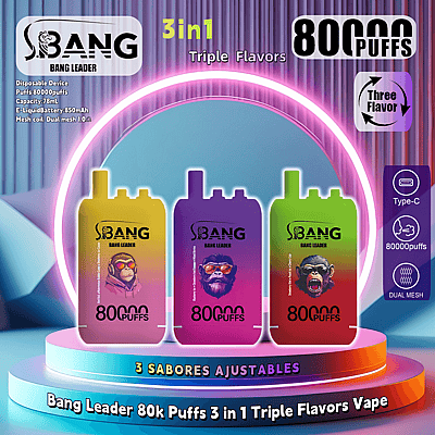 Image promotionnelle du vape Bang Leader 80000 Puffs 3-en-1, présentant trois variantes colorées avec trois options de saveur et des spécifications étiquetées.
