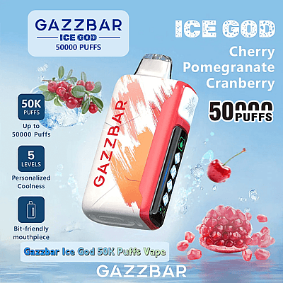 Advertisement for the Gazzbar Ice God vape, showcasing its features: cherry, pomegranate, cranberry flavors, 50,000 puffs capacity, 5 levels of personalized coolness, and a bit-friendly mouthpiece, with images of the vape device and fruit in the background.