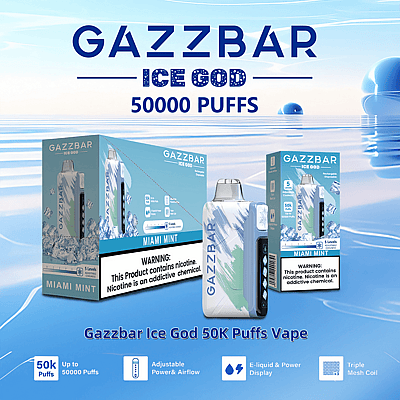 Advertisement for Gazzbar Ice God 50K Puffs Vape in Miami Mint flavor, highlighting features like 50,000 puffs, adjustable power and airflow, and a triple mesh coil.