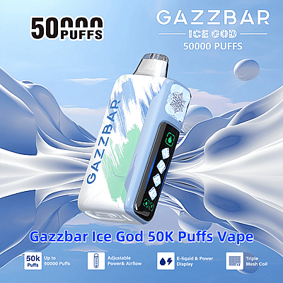 Advertisement for Gazzbar Ice God vape featuring a blue and white device with 50,000 puffs capability, adjustable power and airflow, e-liquid display, and triple mesh coil, set against an abstract icy background.