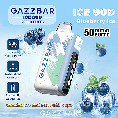 Promotional image for Gazzbar Ice God 50,000 Puff Vape, highlighting features like blueberry ice flavor, adjustable cooling levels, and ergonomic mouthpiece with a background of blueberries and ice cubes.