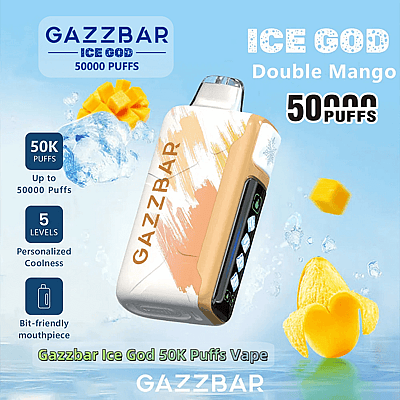 Promotional image of the GAZZBAR Ice God vape in double mango flavor, featuring 50,000 puffs, adjustable levels, and bit-friendly mouthpiece with mango slices and ice cubes in the background.