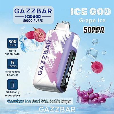 Promotional image for Gazzbar's Ice God Grape Ice vape, featuring 50,000 puffs, a colorful design, and highlighting features like a bit-friendly mouthpiece and 5 levels of personalized coolness, against a background of ice cubes and grapes.