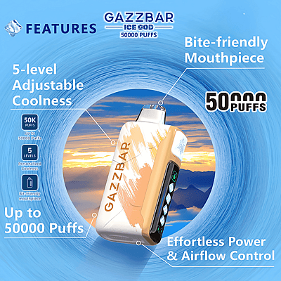 Promotional image for Gazzbar Ice God showcasing features like 5-level adjustable coolness, bite-friendly mouthpiece, and up to 50,000 puffs, set against a blue vortex and sunset background.