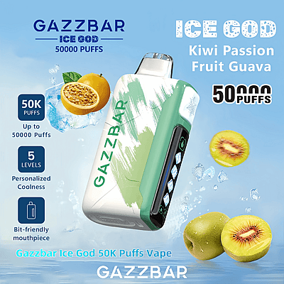 Advertisement for Gazzbar Ice God 50K Puffs Vape featuring a sleek device with a green and white design, surrounded by images of kiwi, passion fruit, and guava, highlighting features like 50,000 puffs, five levels of personalized coolness, and a bit-friendly mouthpiece.