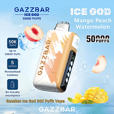 Advertisement for Gazzbar Ice God 50,000 puffs vape in mango, peach, and watermelon flavors, featuring product details including personalized cooling, bit-friendly mouthpiece, and up to 50K puffs with visuals of the vape device against a blue background with fruit images.