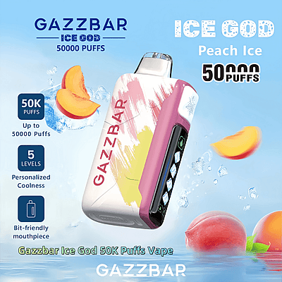 Advertisement for Gazzbar Ice God 50K Puffs Vape in Peach Ice flavor, featuring an image of the vape device with digital display and colorful design, surrounded by ice cubes and peach slices on a blue background.