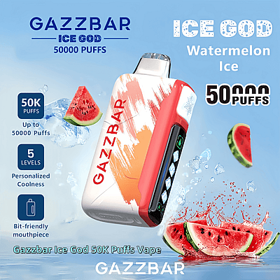 Advertisement for Gazzbar Ice God 50K Puffs Vape featuring a colorful vape device surrounded by splashes of water and pieces of watermelon, highlighting features like 50,000 puffs and personalized cooling levels.