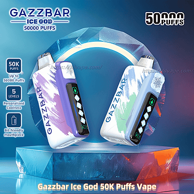 Image of two Gazzbar Ice God vape devices, each showcasing a colorful design and digital display, with text highlighting 50,000 puffs, personalization options, and bit-friendly mouthpieces against a cool-toned backdrop.