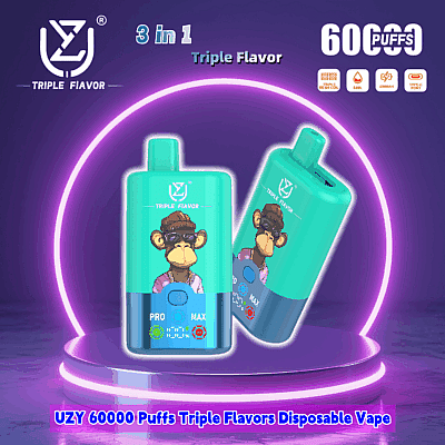 Immagine promozionale dello svapo usa e getta UZY 60000 Puffs Triple Flavors, raffigurante due dispositivi dal vivace design turchese e blu e una grafica cartoon di uno scimpanzé, evidenziata da uno sfondo circolare viola neon.
