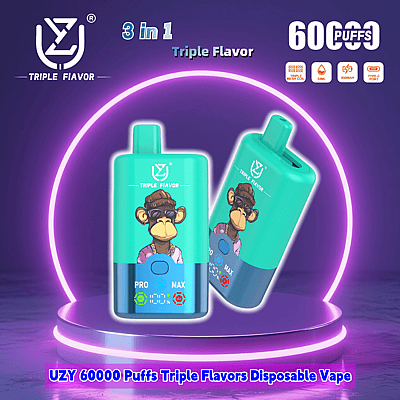 Promotional image of the UZY 60000 Puffs Triple Flavors Disposable Vape featuring two devices with a vibrant turquoise and blue design and a chimpanzee cartoon graphic, highlighted by a neon purple circular background.