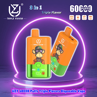 Promotional image featuring UZY disposable vape with 60,000 puffs and triple flavor settings, showcasing an orange and green design with a monkey illustration under neon lights.