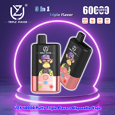 Promotional image featuring the UZY Triple Flavor disposable vape with 60,000 puffs capacity, depicted on a glowing purple circular stage with product details about flavors and features.