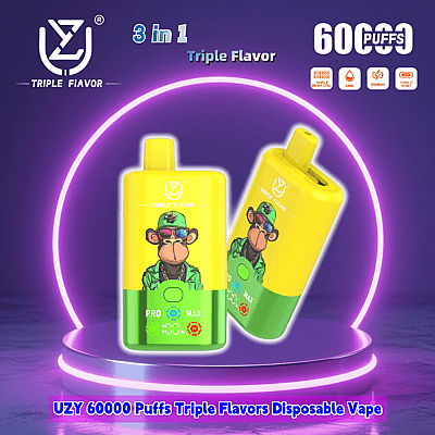 Promotional image featuring UZY's 60,000 puffs triple flavor disposable vape device with a yellow design depicting a cartoon monkey wearing sunglasses and a hat, set against a purple neon-lit background highlighting its features.