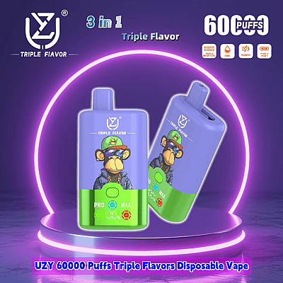 Promotional image of the UZY 60000 Puffs Triple Flavors Disposable Vape, showing a purple and green rectangular device featuring a cartoon monkey in streetwear, with text highlighting its key features including 60000 puff capacity, Type-C charging port, and triple flavor functionality.