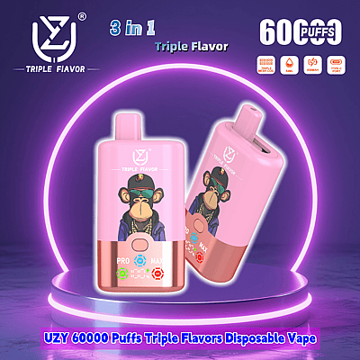 Promotional image for the UZY 60000 Puffs Triple Flavors Disposable Vape, featuring a pink device with illustrated monkey artwork, surrounded by vibrant neon elements emphasizing its features.