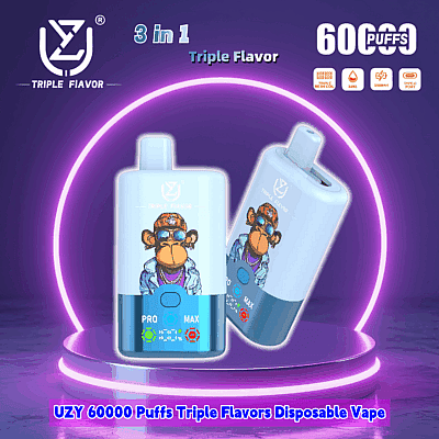 Immagine promozionale della sigaretta elettronica usa e getta UZY 60.000 Puffs Triple Flavors con design a forma di scimmia e dettagli illuminati.